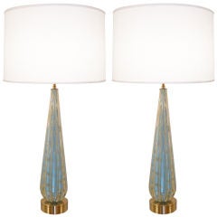 Pair of Barovier Fluted Blue Glass Lamps with Gold Dust
