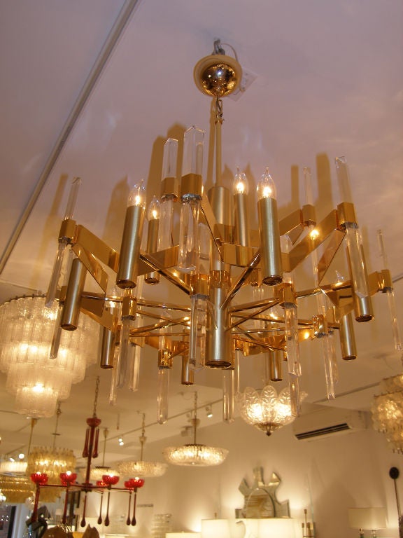 Italian Sciolari Gilt Brass and Glass Chandelier