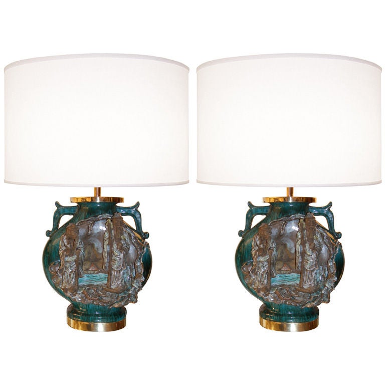 Pair of Marcello Fantoni Ceramic Urn Lamps For Sale
