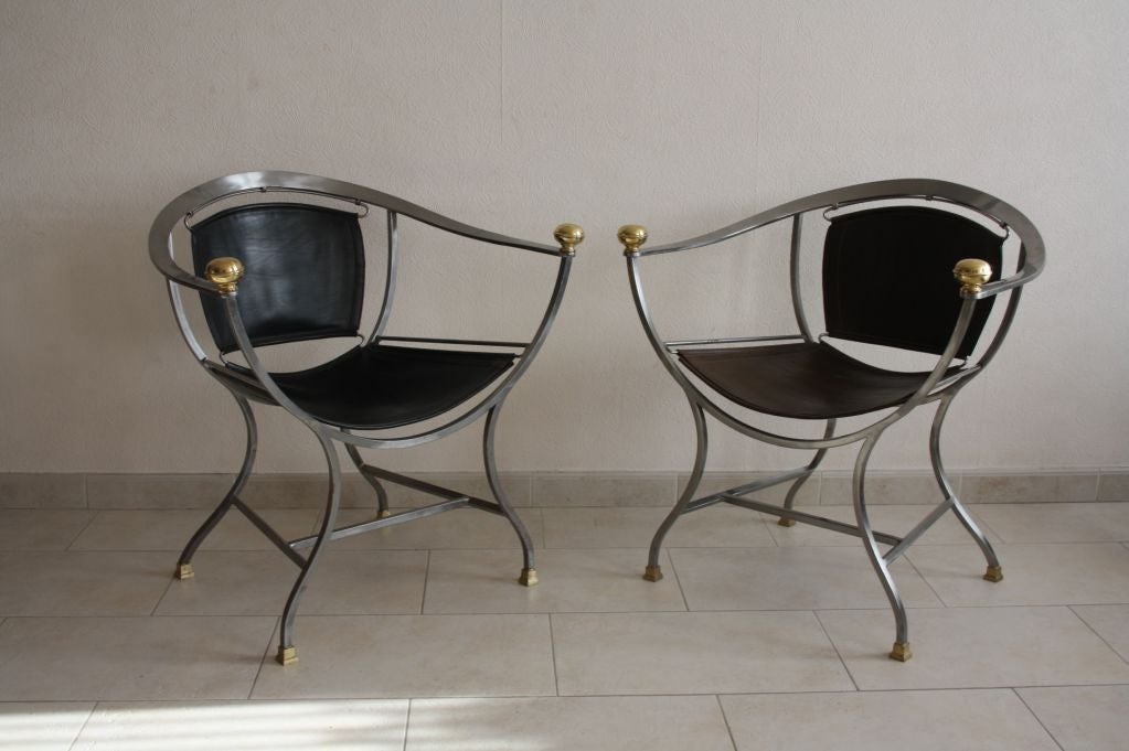 French Pair of Maison Jansen Steel and Bronze Chairs