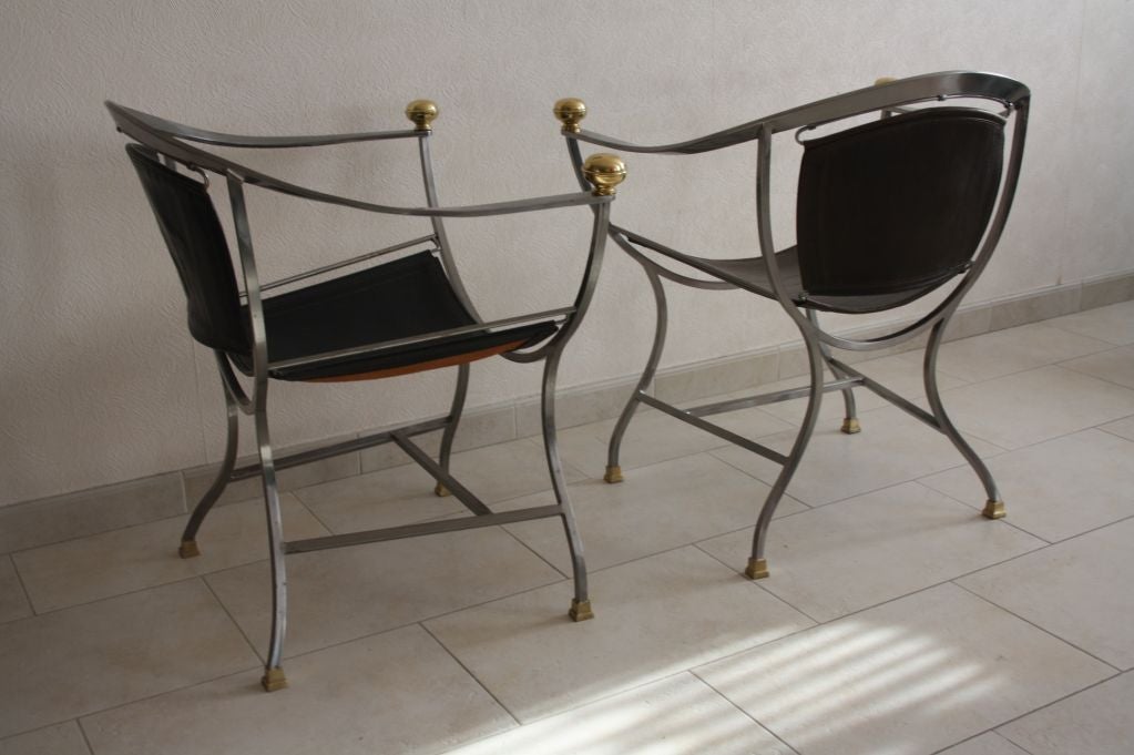 20th Century Pair of Maison Jansen Steel and Bronze Chairs