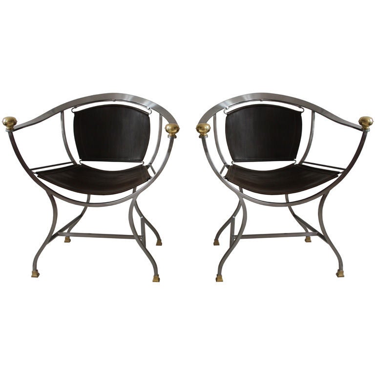Pair of Maison Jansen Steel and Bronze Chairs