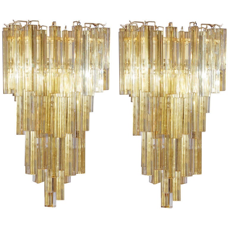 Pair of Venini Tiered Amber Glass Sconces For Sale