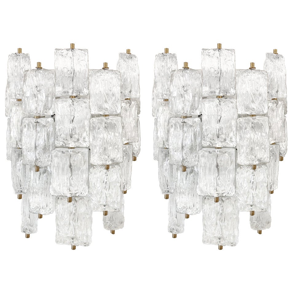 Pair of Venini Textured Glass and Brass Sconces For Sale