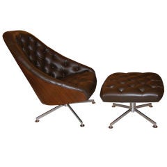 Milo Baughman Walnut and Leather Swivel Chair & Ottoman