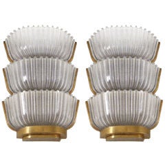 Pair of French 3 Tiered Glass and Gilt Bronze Sconces Pair of French 3 Tiered Glass and Gilt Bronze Sconces