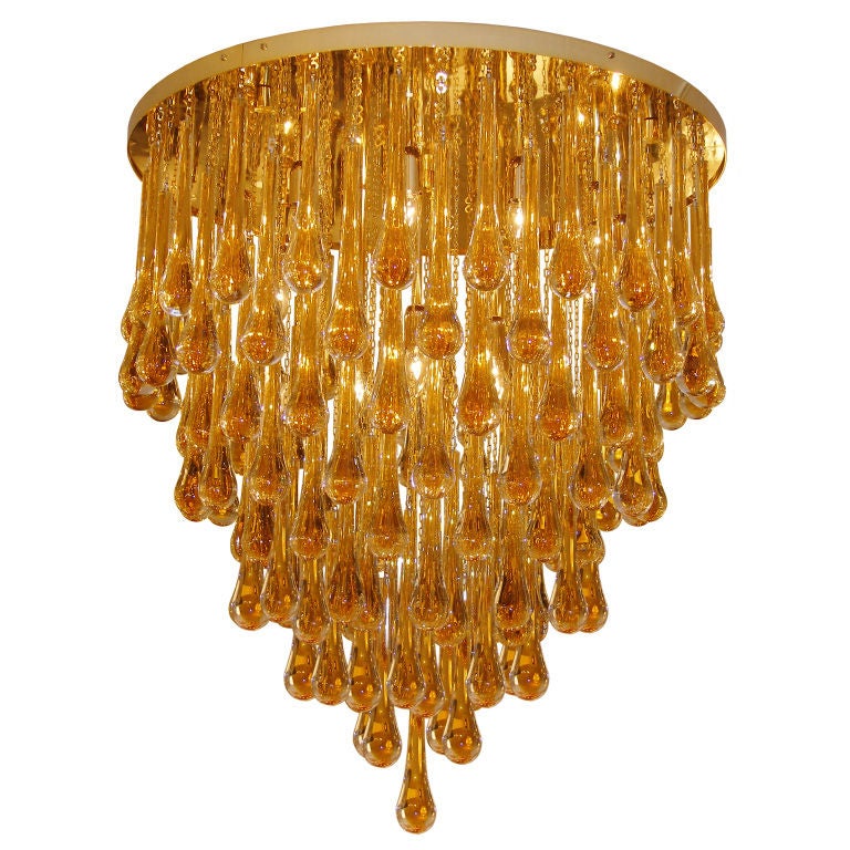 Barovier & Toso Large Amber Glass Teardrop Chandelier For Sale
