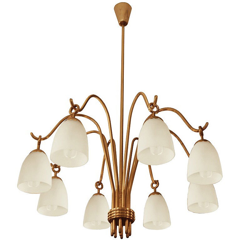 Arredoluce Eight Arm Brass and Glass Chandelier For Sale