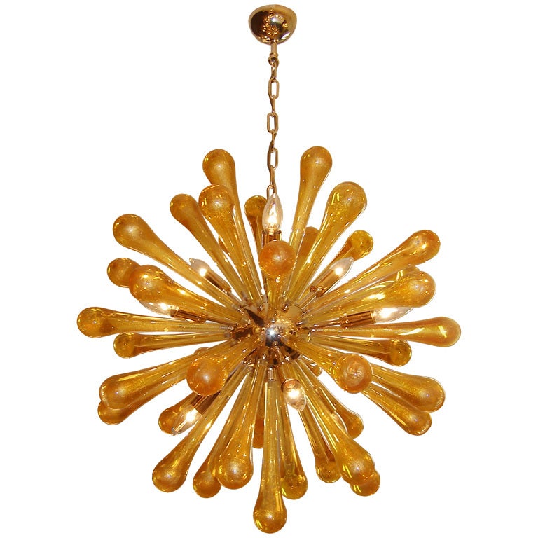 Murano Brass and Amber Glass Sputnik Chandelier For Sale