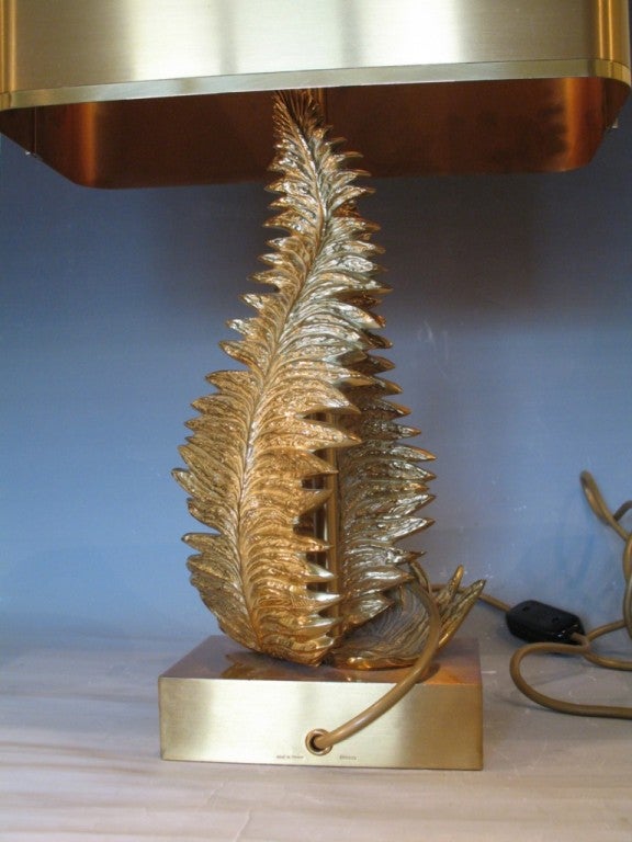 A cast bronze fern lamp resting and a rectangular bronze base with orignal metal shade by Maison Charles, French C. 1970's Stamped Made in France / Charles