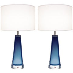 Paire de lampes en verre bleu Nils Landberg pour Orrefors