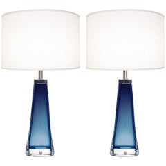 Pair of Nils Landberg for Orrefors Blue Glass Lamps