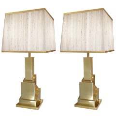 Pair of Signed Romeo Rega Brass Cubist Lamps