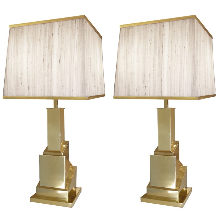 Pair of Signed Romeo Rega Brass Cubist Lamps For Sale