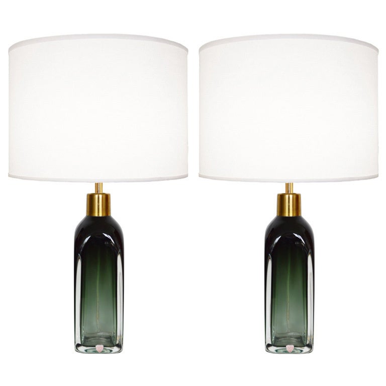 Pair of Nils Landberg for Orrefors Green Glass Lamps