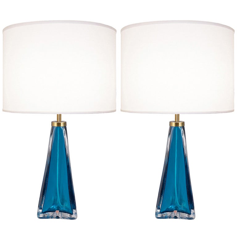 Pair of Nils Landberg for Orrefors Blue Glass Lamps For Sale
