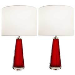 Pair of Nils Landberg for Orrefors Red Glass Lamps 3