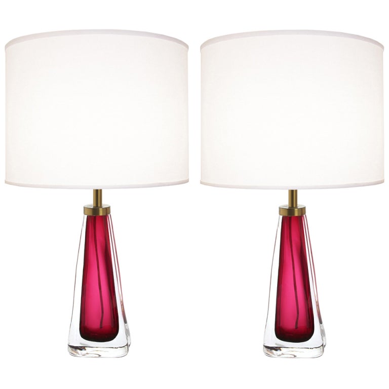 Pair of Nils Landberg for Orrefors Raspberry Glass Lamps For Sale
