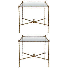 Pair of Bronze Bamboo Tables with Glass Tops by Masion Bagues