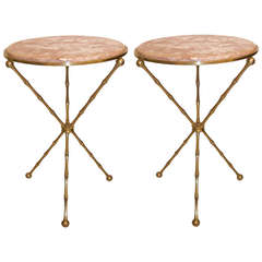 Pair of French Bronze Bamboo Side Tables with Marble Tops
