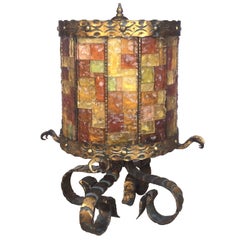 Large Patined Bronze and Glass Lamp in the Style of Poliarte
