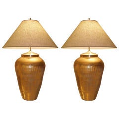 Pair of Large Italian Ceramic Metallic Gold Lamps with Light Craquelure Finish 11