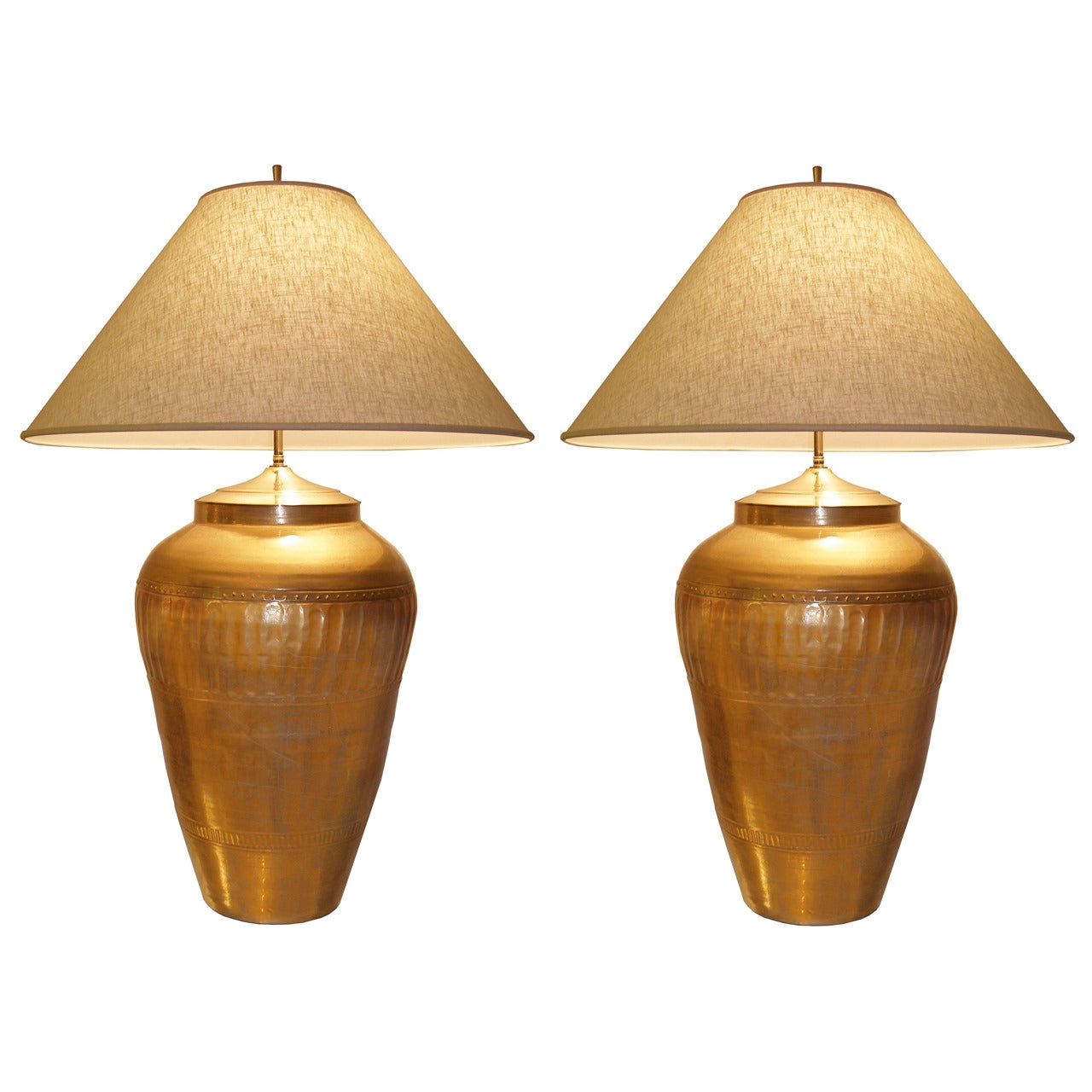 Pair of Large Italian Ceramic Metallic Gold Lamps with Light Craquelure Finish For Sale