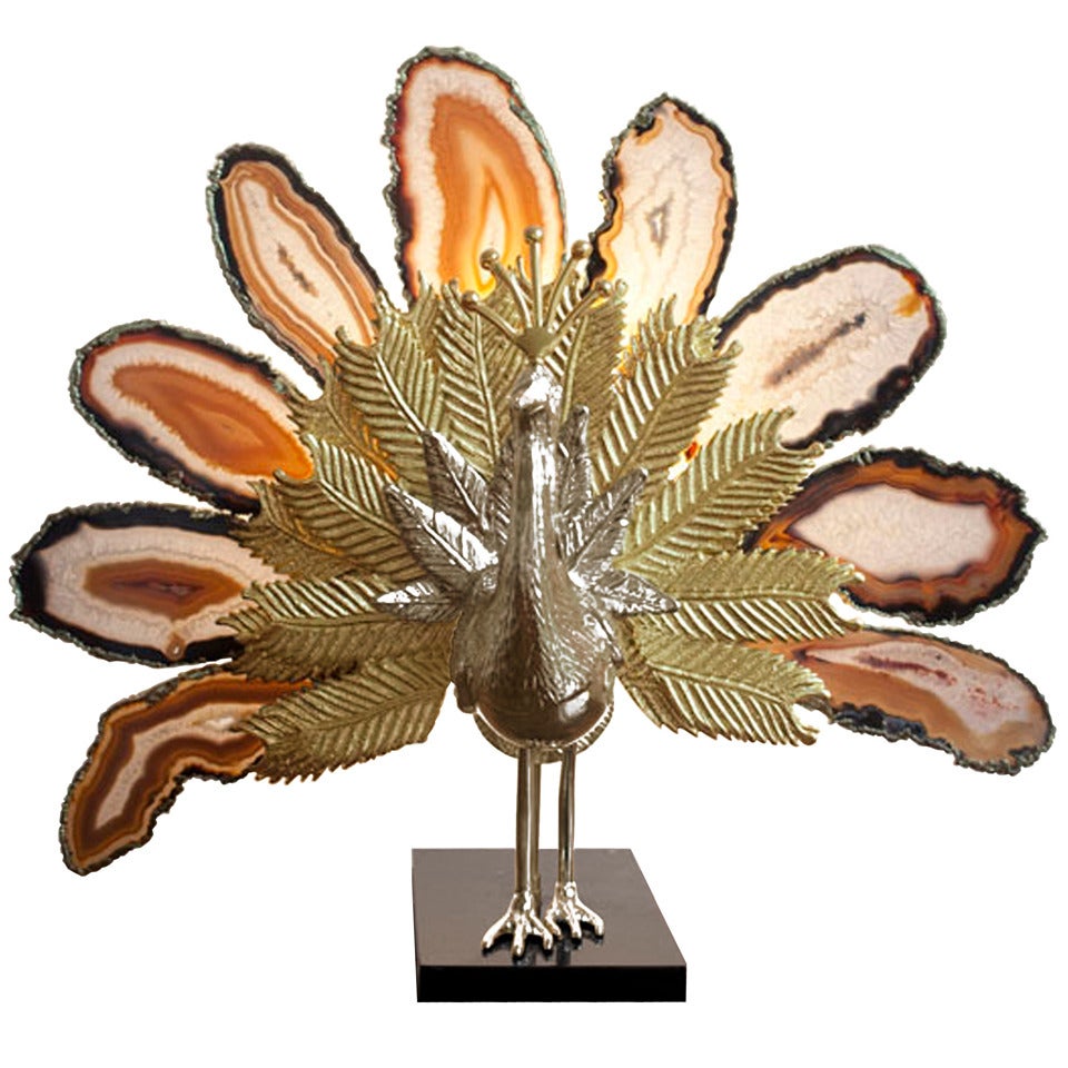 Willy Daro Bronze Peacock Lamp with Agate Stones For Sale