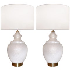 Pair of Large White Textured Glass Lamps