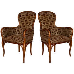 Pair of French Hand-Carved Bamboo Club Chairs in Fruitwood