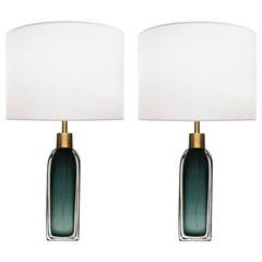 Pair of Nils Landberg for Orrefors Green Glass Lamps 10