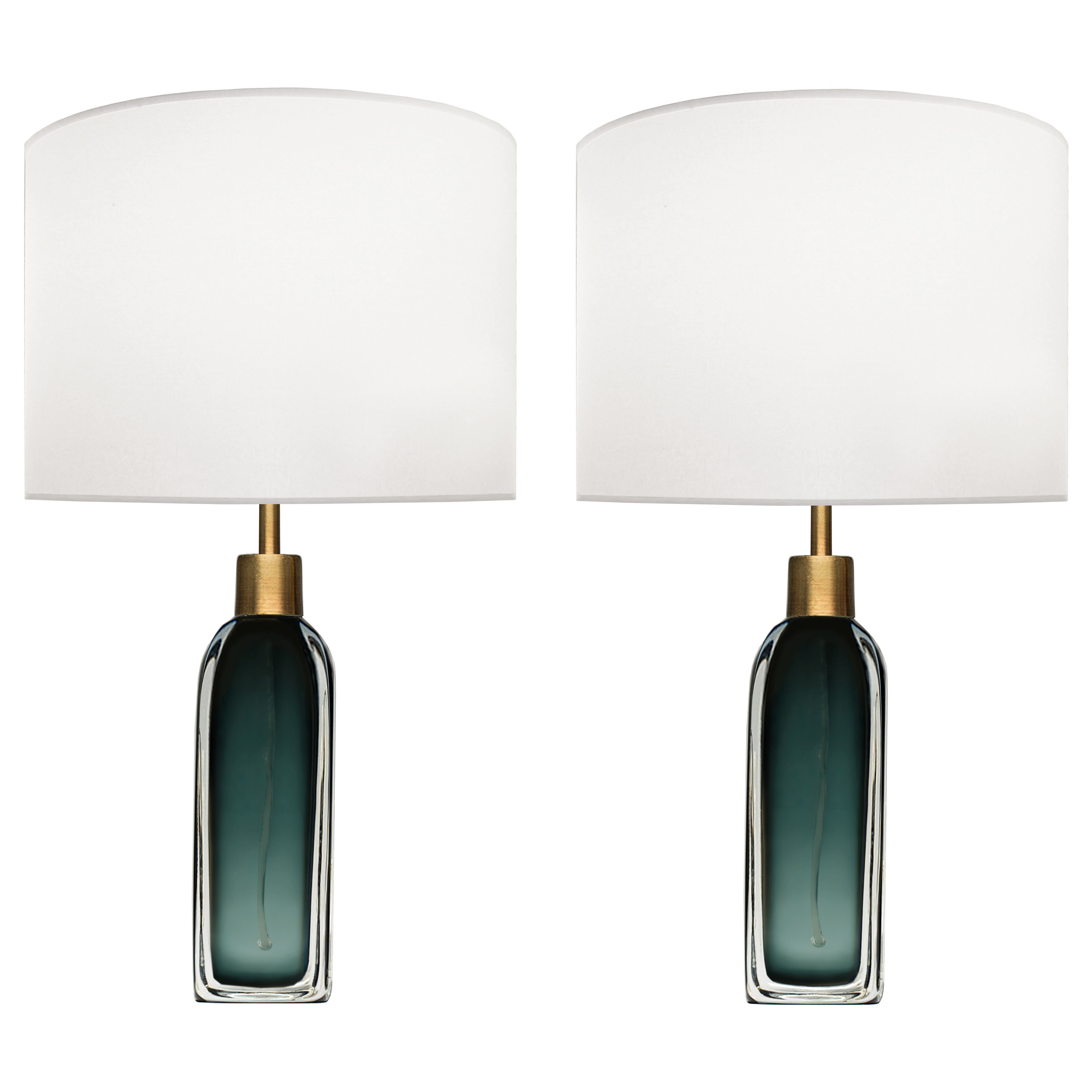 Pair of Nils Landberg for Orrefors Green Glass Lamps For Sale