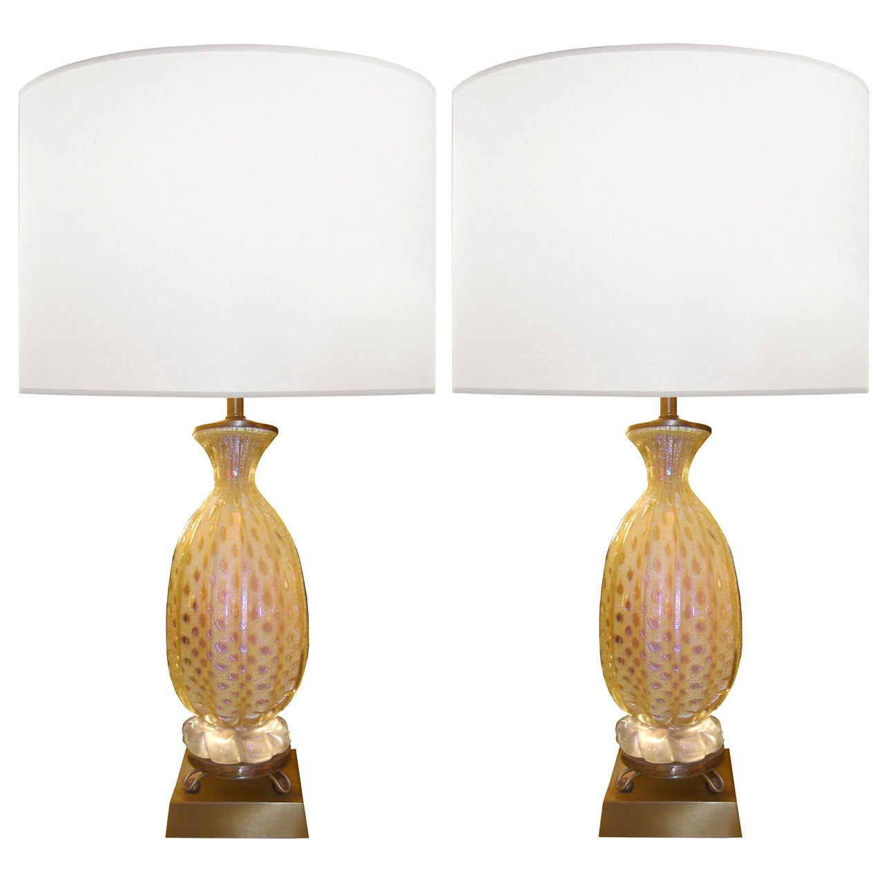 Pair of Barovier Brass and Fluted Glass Lamps For Sale
