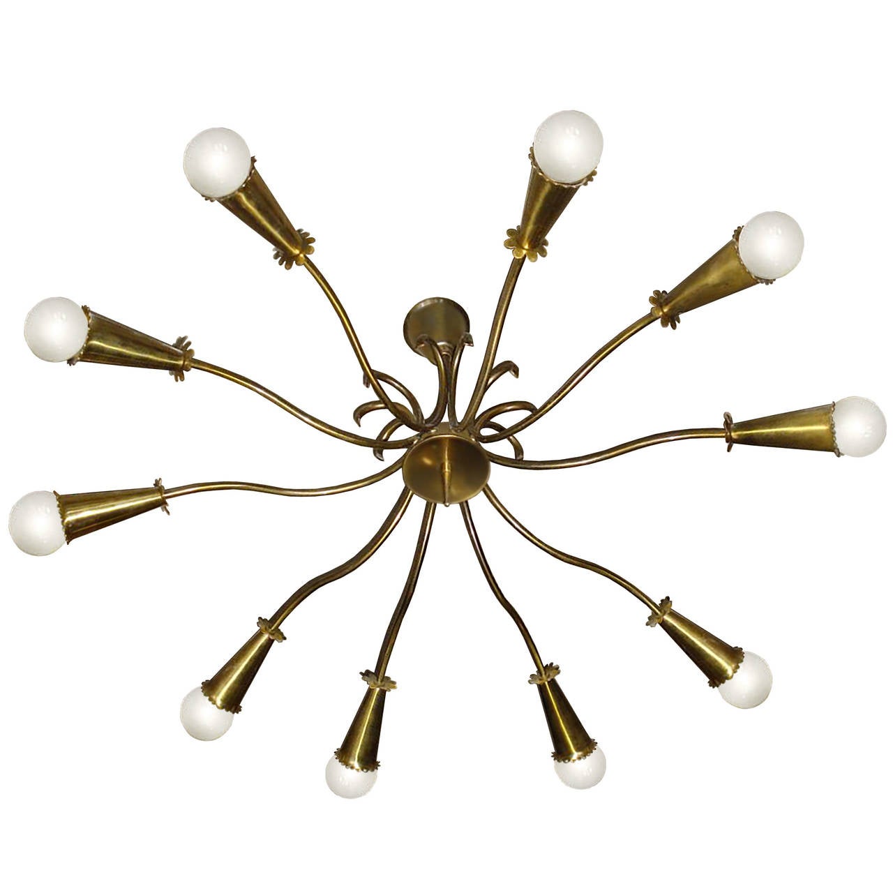 A large brass ceiling fixture with multiple curvaceous arms by Oscar Torlasco, Italian, circa 1950s.