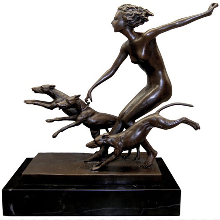 Signed Josef Lorenzl Female Nude with Dogs Bronze For Sale