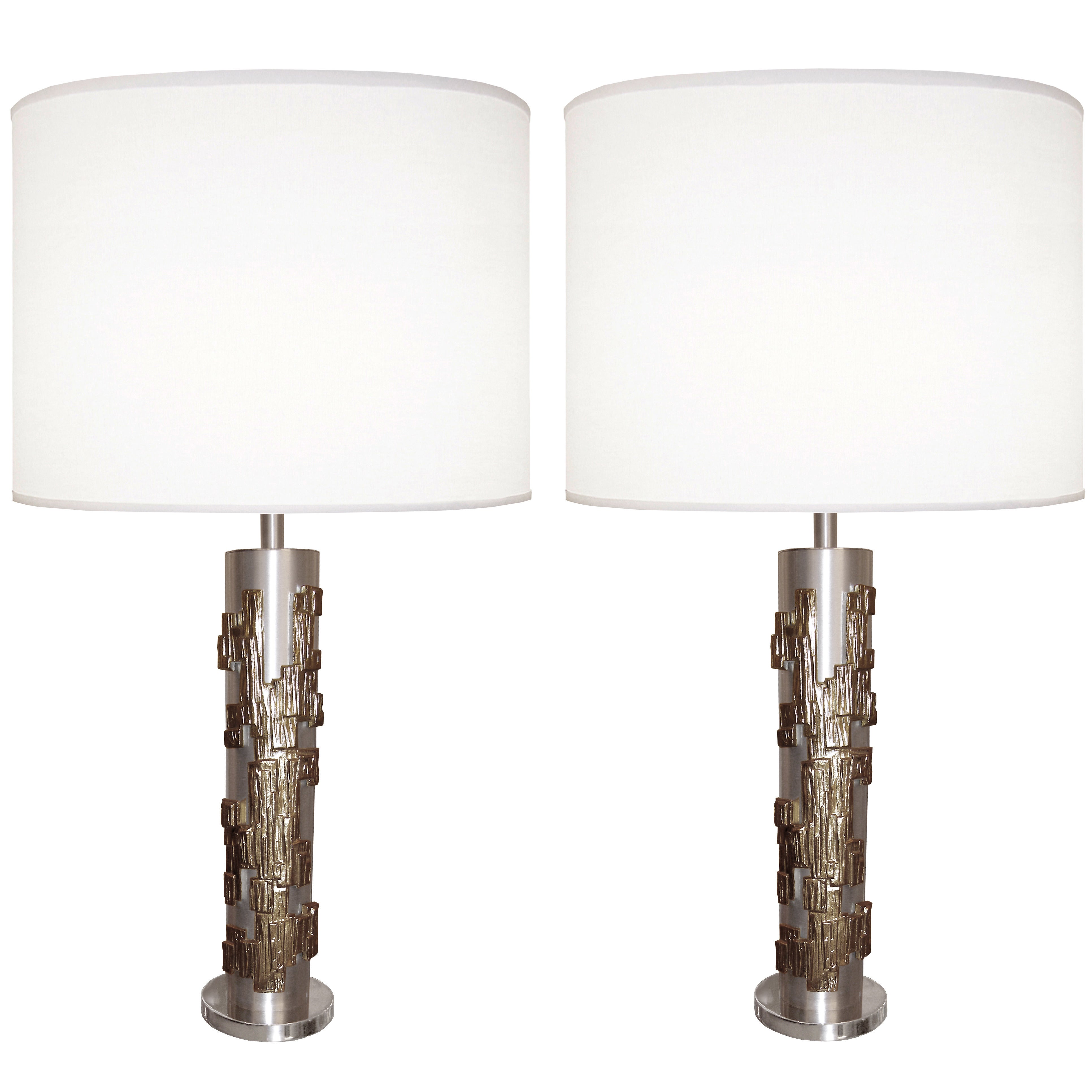 Pair of Modernist Bronze and Brushed Nickel Lamps For Sale