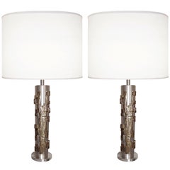 Pair of Modernist Bronze and Brushed Nickel Lamps