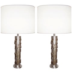 Pair of Modernist Bronze and Brushed Nickel Lamps