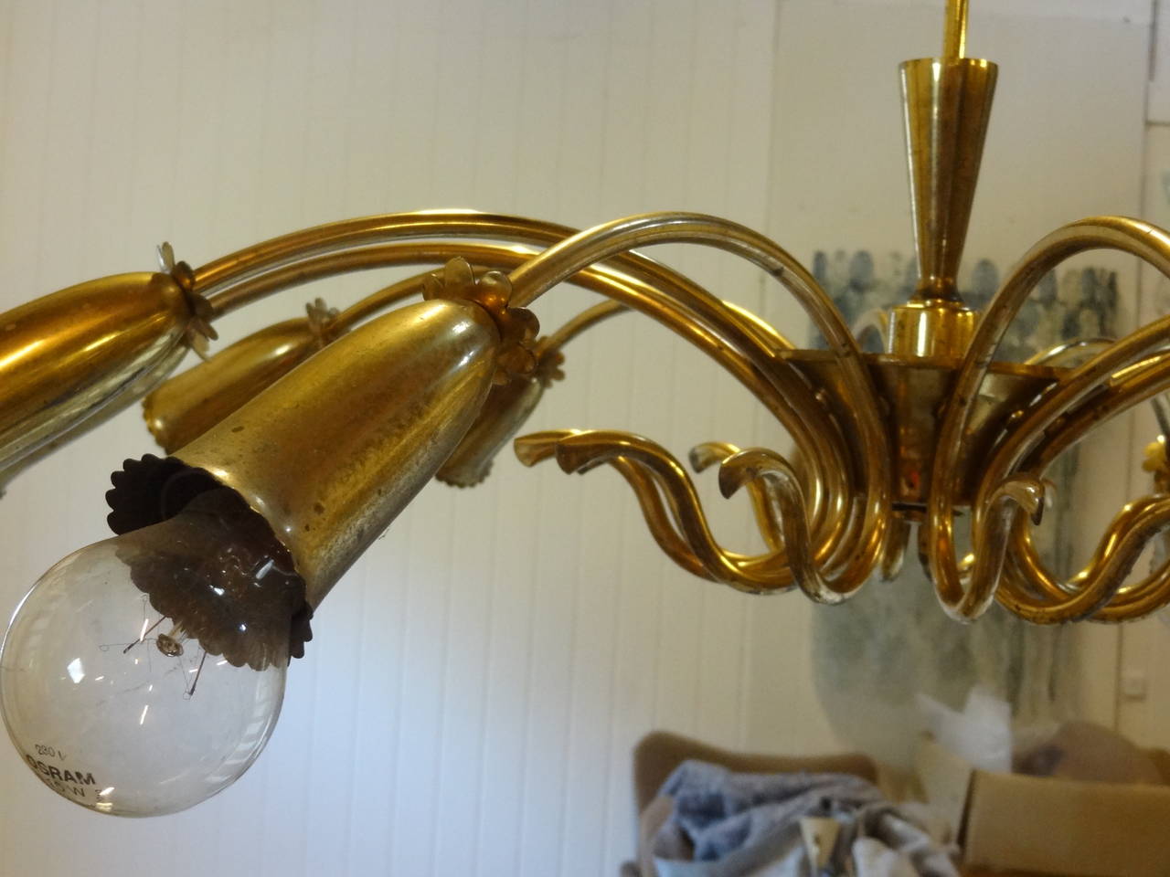 Oscar Torlasco Large Brass Ceiling Fixture Chandelier In Excellent Condition For Sale In New York, NY