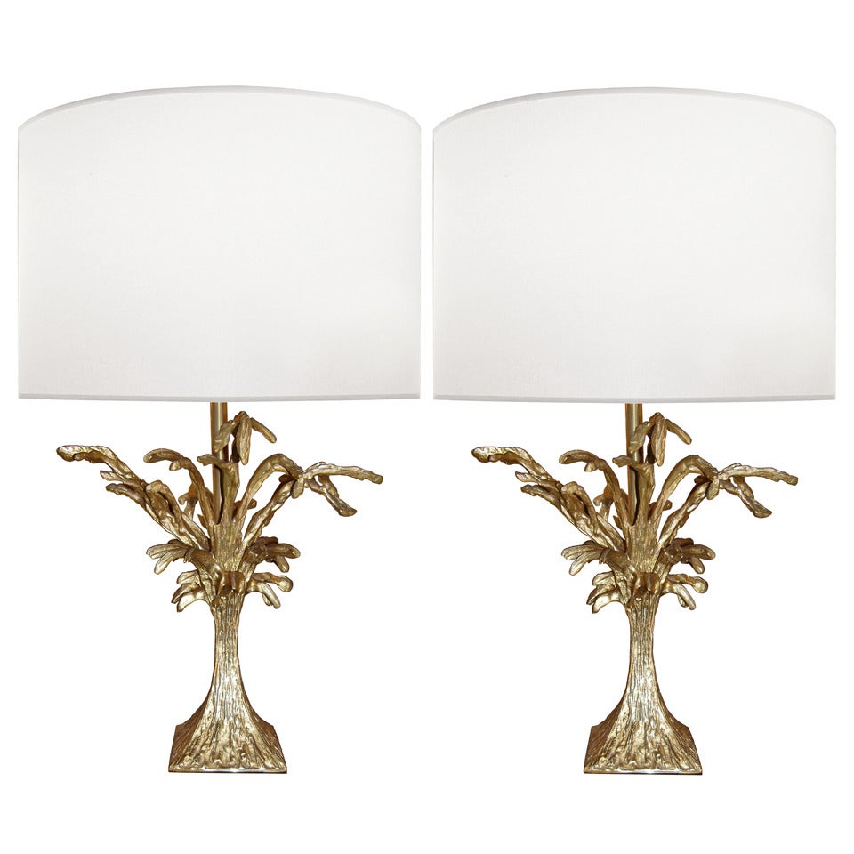 Pair of French Cast Bronze Abstract Botanical Lamps For Sale