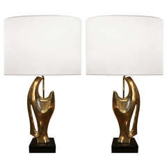 Pair of Philippe Jean Abstract Sculptural Bronze Lamps