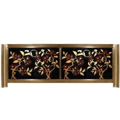 Brass and Black Lacqured Credenza with Botanical Motif by Mastercraft