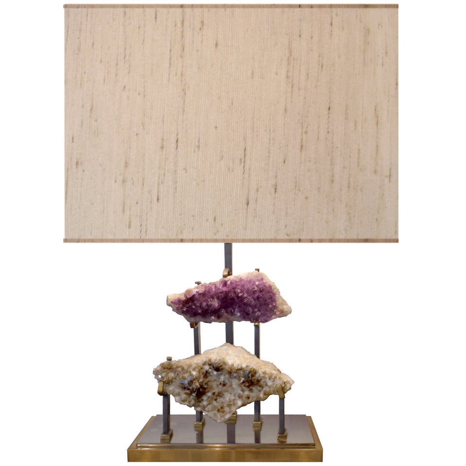 French Bronze and Steel Lamp with Amethyst and Crystal Clusters For Sale