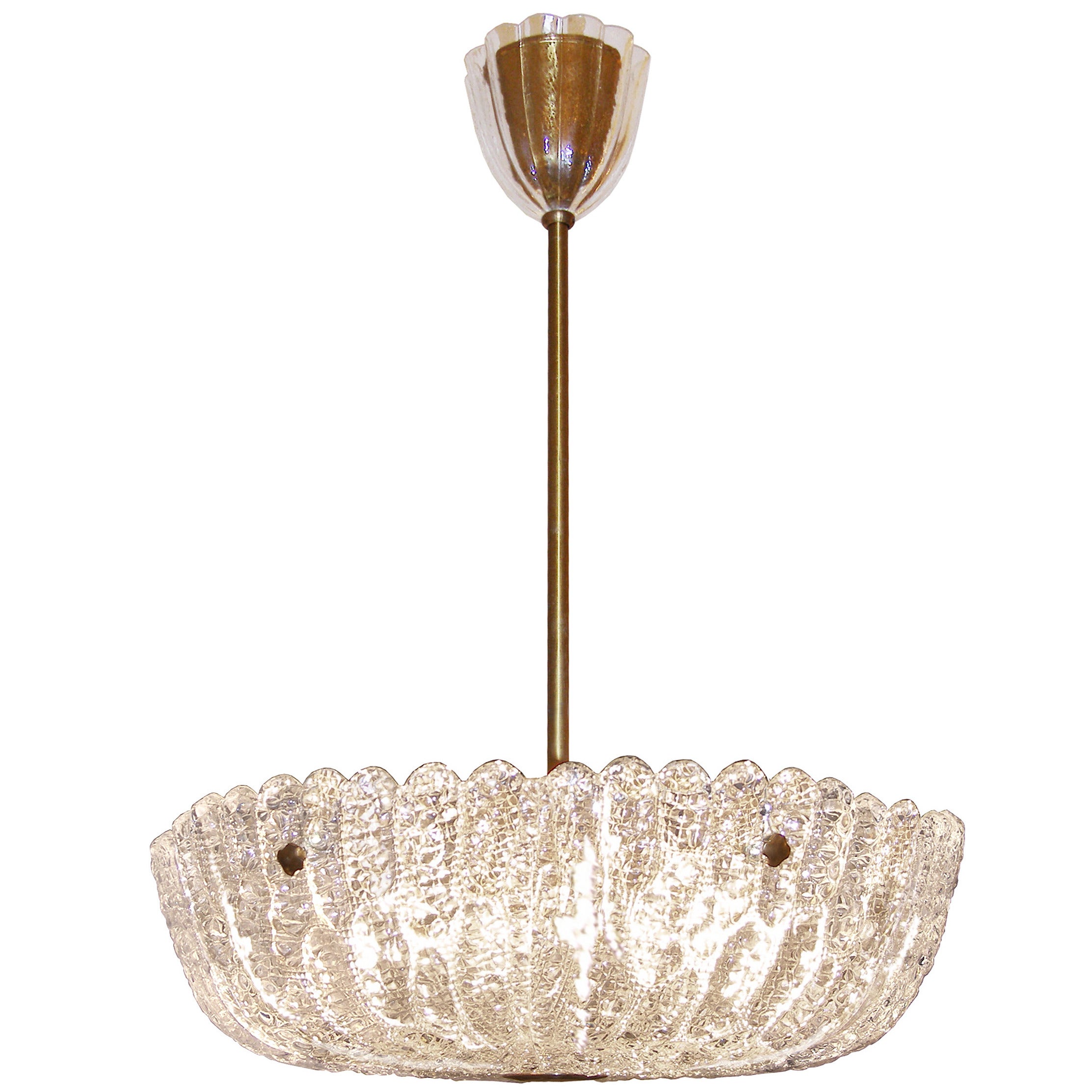 Orrefors Textured Crystal and Brass Chandelier / Two Available For Sale