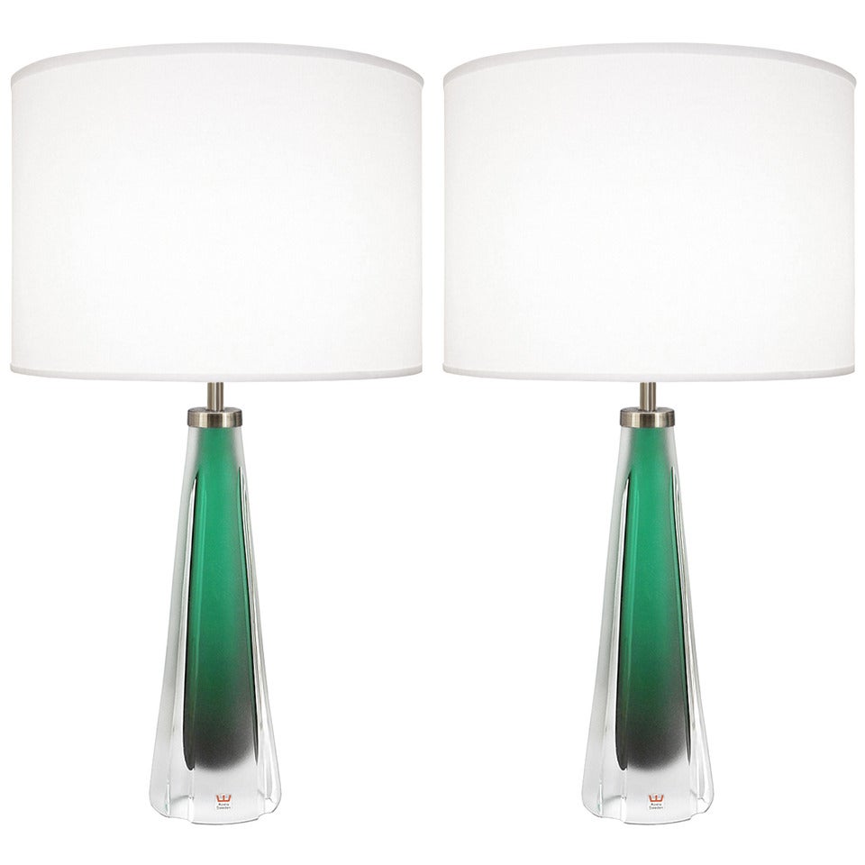 Pair of Green Glass Lamps by Kosta Boda For Sale