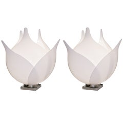 Pair of Signed Rougier White Flower Lamps