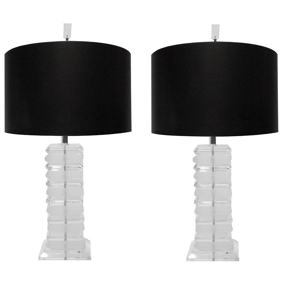 Pair of Stacked Lucite Block Table Lamps