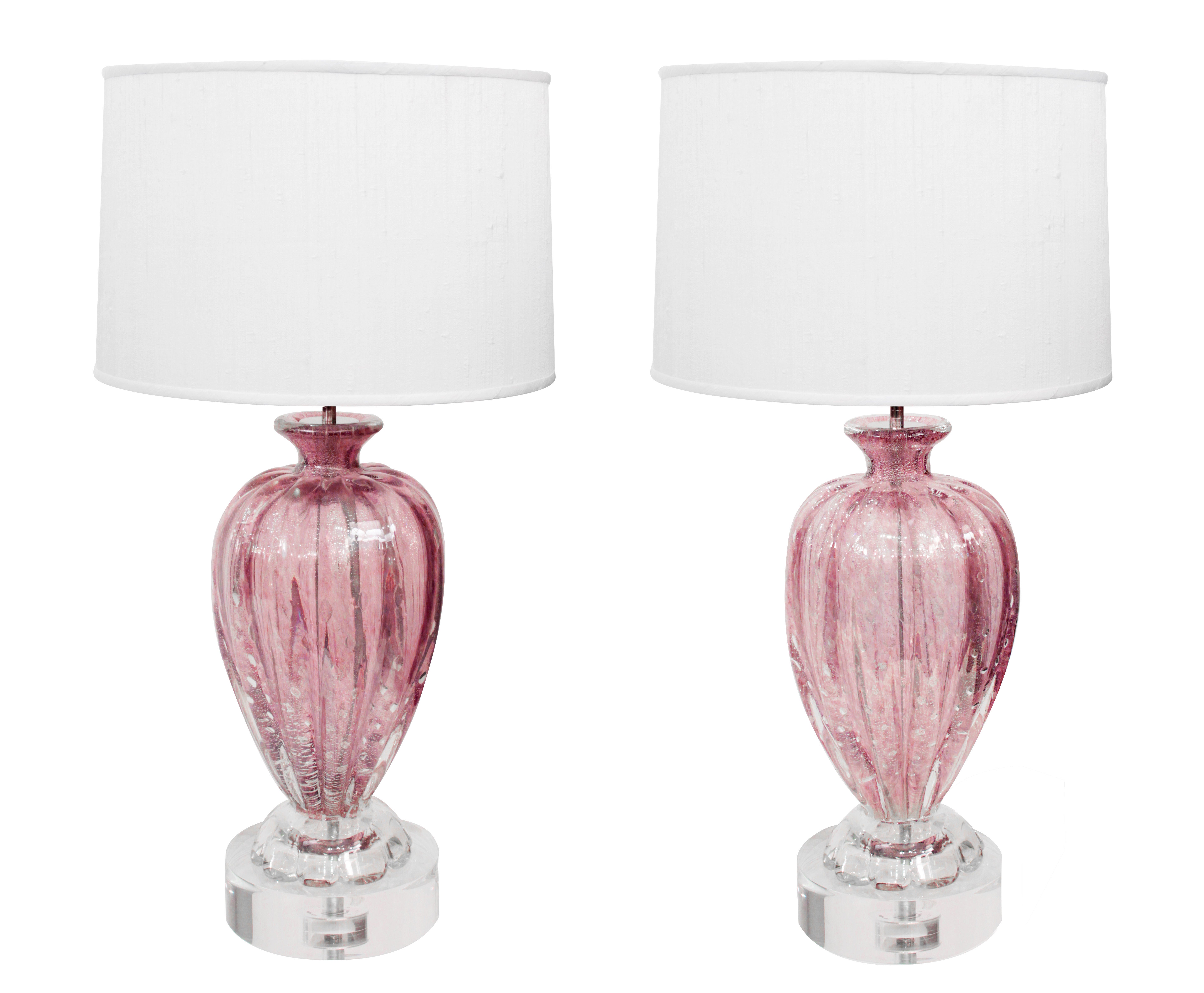 Pair of HandBlown Glass Table Lamps with Controlled Bubbles by