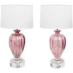 Pair of Hand-Blown Glass Table Lamps with Controlled Bubbles by Barovier & Toso