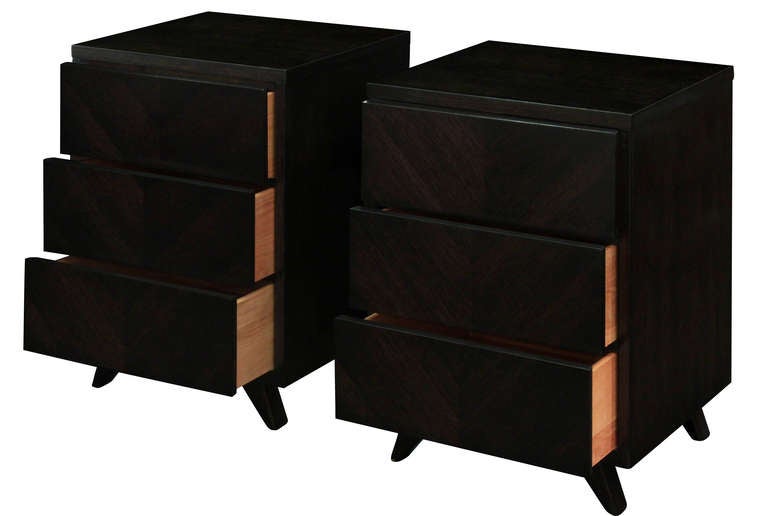 American Pair of Bedside Tables with Chevron Design on Drawers